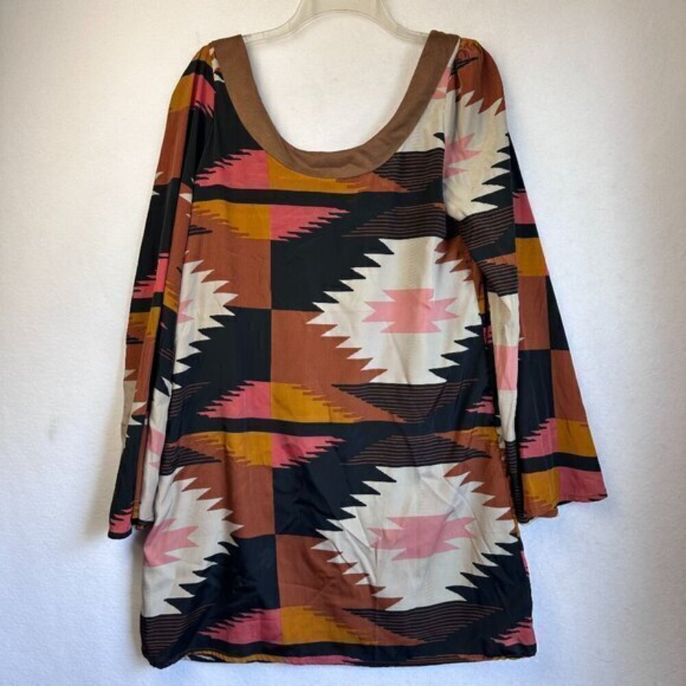 Judith March Mini Dress Womens L beaded fringe bell sleeve‎ aztec print NWOT